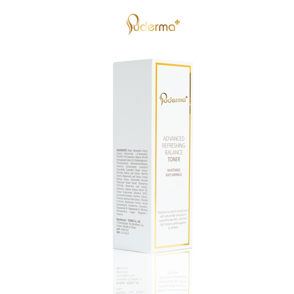 Nước Hoa Hồng PUDERMA ADVANCED REFRESHING BALANCE TONER: làm sạch lớp trang điểm, bụi bẩn, dầu thừa trên da, giúp làm se khít lỗ chân lông, đồng thời cung cấp độ ẩm và dưỡng chất cho da, mang lại làn da trắng, mịn màng.