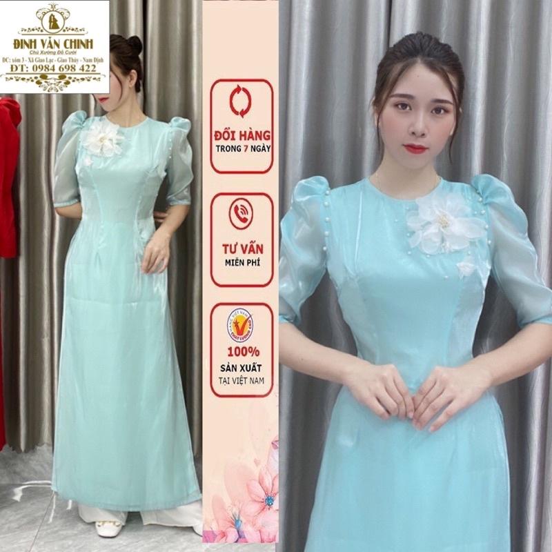 Áo dài cao cấp đẹp_chất tơ ánh lót lụa tông xanh min