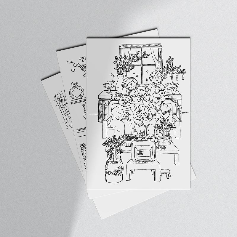 Postcard thiệp tô màu bộ 5 tranh &quot;Đón tết&quot; của Mạnh Hùng, giấy hạng họa sĩ 300gsm cold press