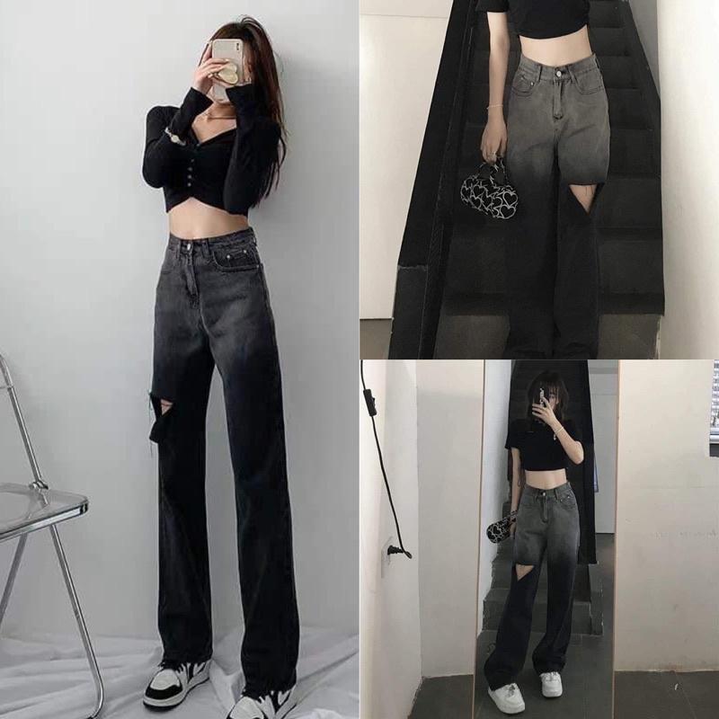 Quần jean Quần bò loang ống rộng BIG SIZE unisex màu đen khói dài ống đứng style Ulzzang dành cho nữ PHULA