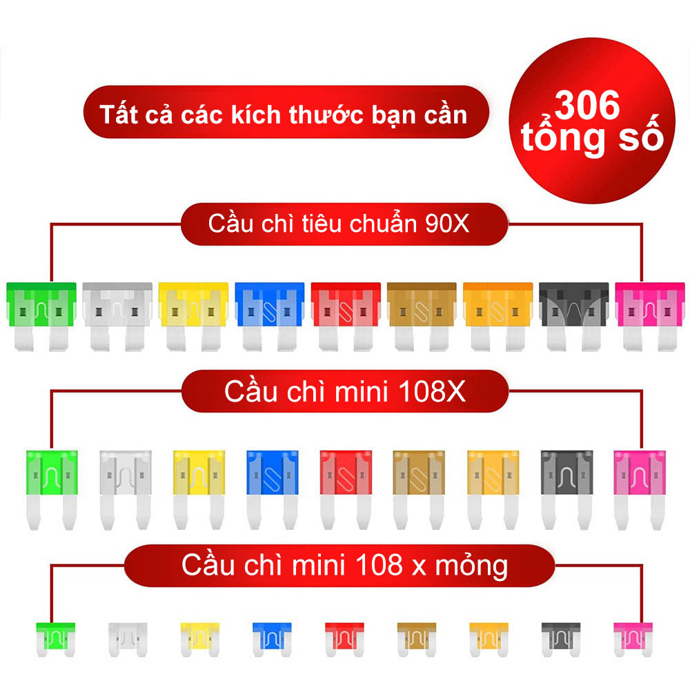 【Giao hàng nhanh】306 cái Hộp cầu chì thập cẩm ô tô, xe máy 306 cái lớn nhỏ từ 2A đến 40A cầu chì xe máy