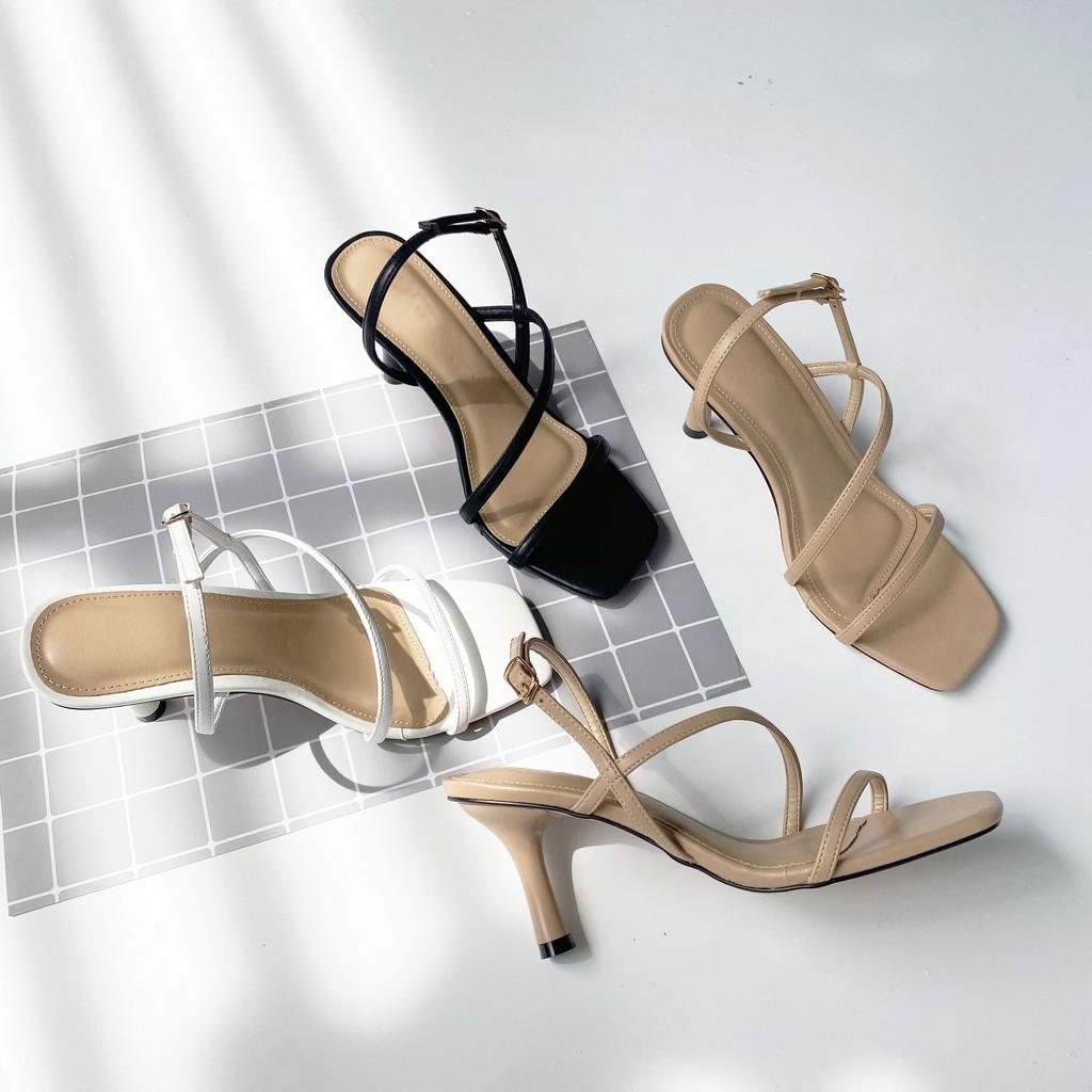 Giày sandal cao gót HISHOO mũi vuông phối dây cao 7cm màu nude S165