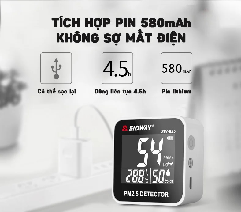 Máy Đo Chất Lượng Không Khí PM2.5, Nhiệt Độ, Độ Ẩm SNDWAY SW-825 - Hàng Chính Hãng