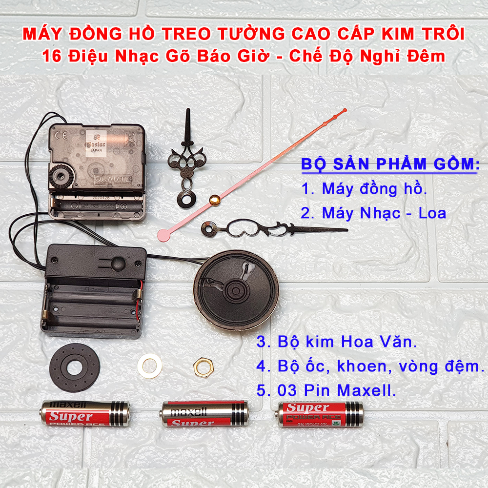 Bộ Máy Nhạc Chuông gồm 16 điệu Nhạc Gõ Báo giờ + Máy Đồng Hồ Kim Trôi Cao Cấp Eastar + Bộ Kim Hoa Văn – Kèm theo 03 Pin Maxell