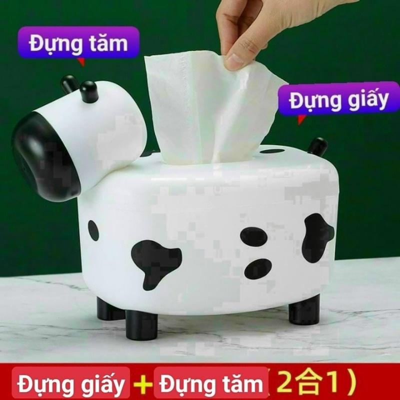 Hộp Đựng Khăn Giấy Để Bàn Hình Con Bò Sữa Đáng Yêu Kiêm Để Tăm Tiện Lợi 2in1