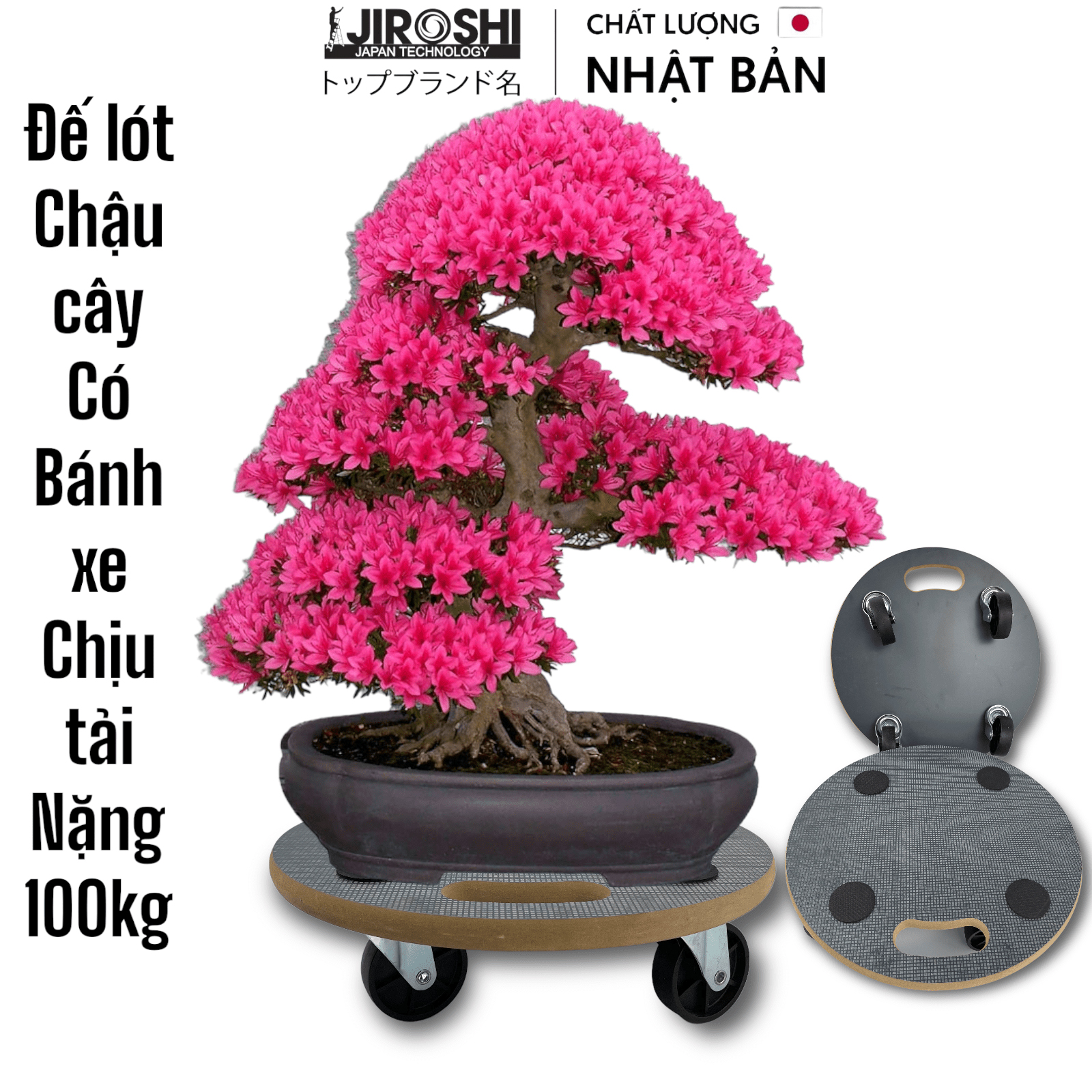 Đế lót chậu cây có bánh xe tải nặng 120kg Jiroshi, size 380, đôn kê chậu cây hoa cảnh mâm gỗ tròn có tay cầm