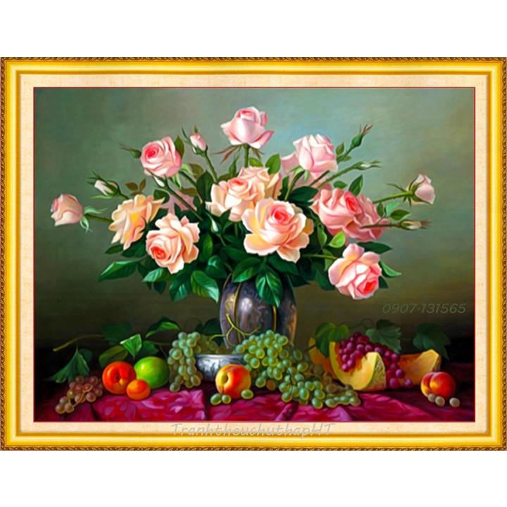 Tranh thêu chữ thập - Tranh đính đá bình hoa hồng 62*50cm - tự đính