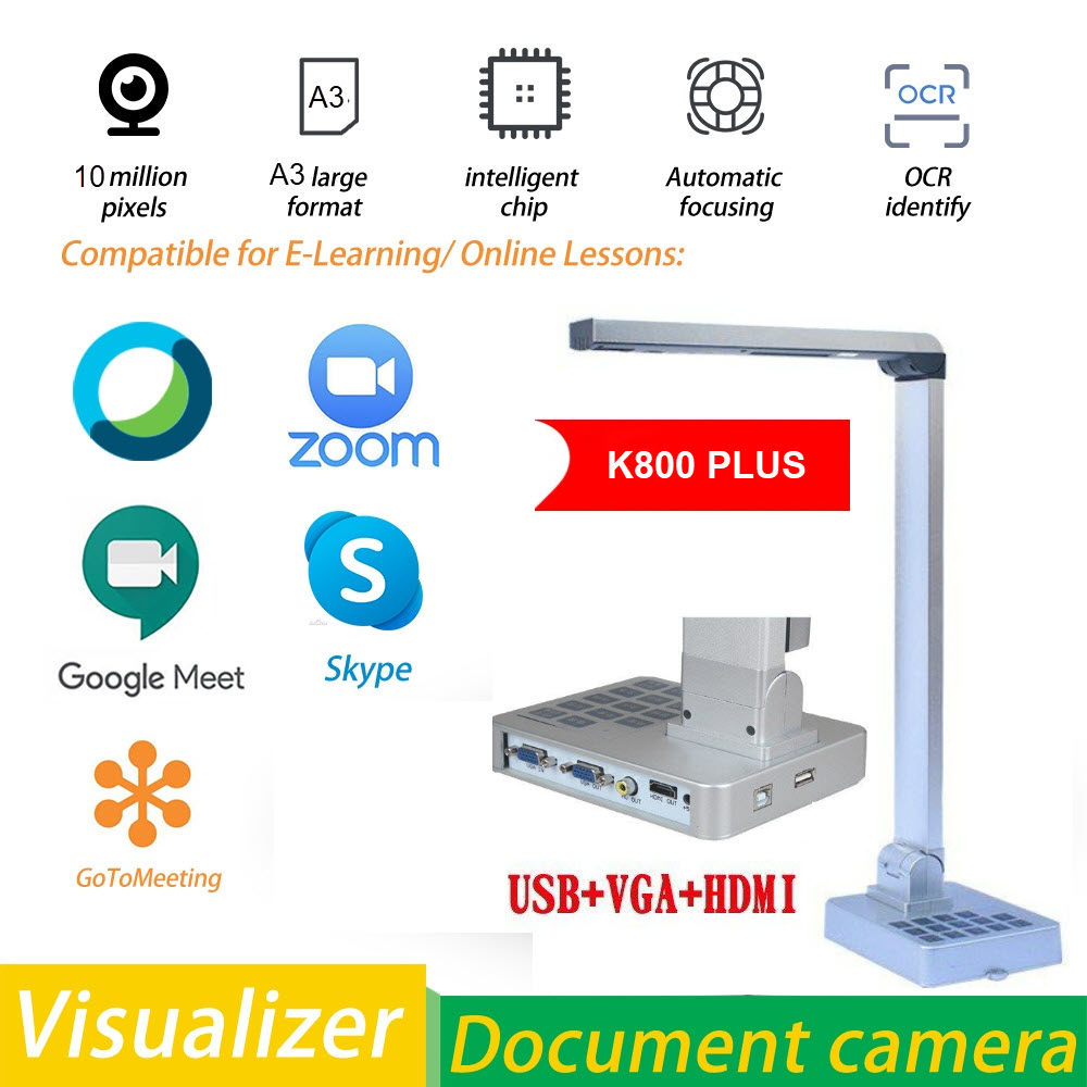 Máy Chiếu Vật Thể Scan Tài Liệu Màu Tốc Độ Cao K800 Plus Hỗ Trợ Kết Nối VGA - HDMI - USB - AV Độ Phân Giải 10MP. A3/A4/A5 Document Camera Image Scanner Direct Connect Visualizer Ultra Zoom Google Meet For Office And Classroom