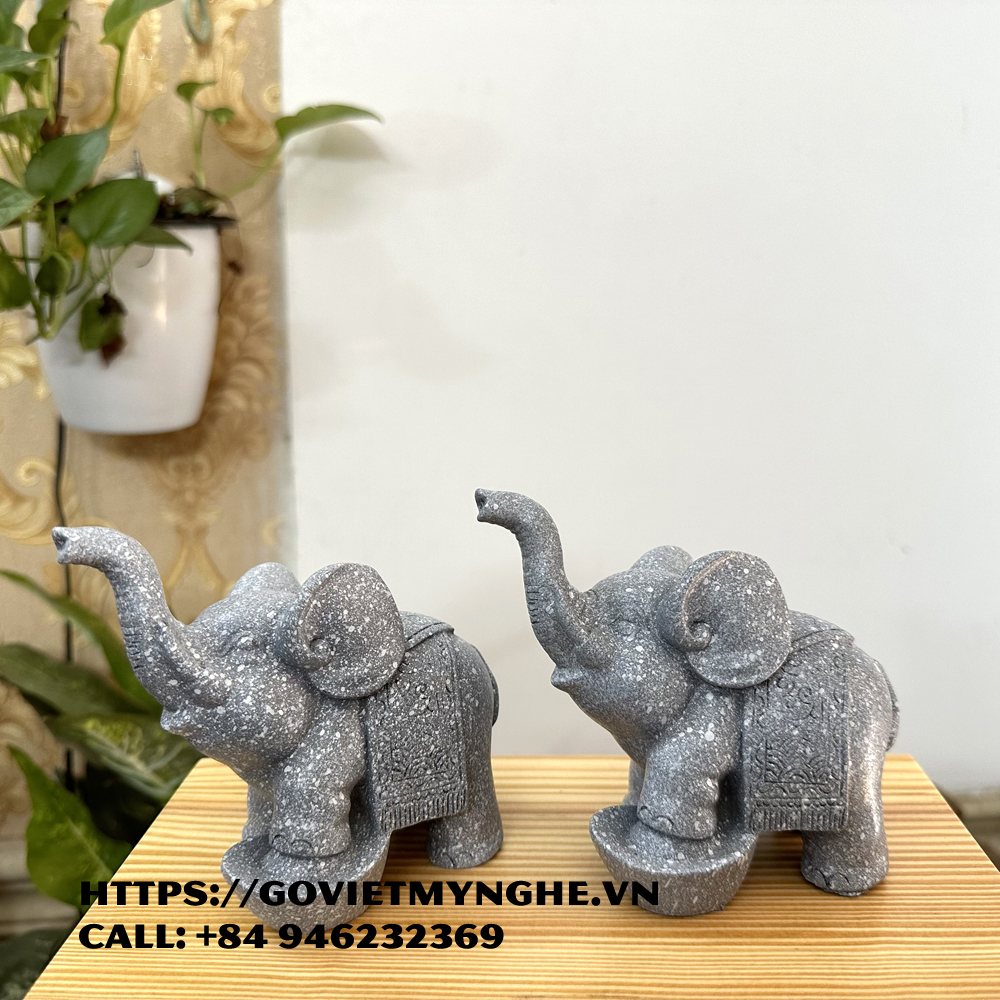 Cặp 2 tượng con voi đá trang trí phong thủy bàn làm việc mang may mắn cát tường cho gia chủ- Cao 11cm- Màu xám