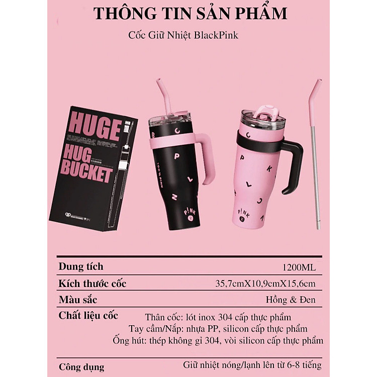 Ly Giữ Nhiệt Black Pink Thể Tích 1200ML VIỆT NAM, Inox 304, Có Ống Hút Tay Cầm, Phong Cách Hàn Quốc Giao Mùa Ngẫu Nhiên