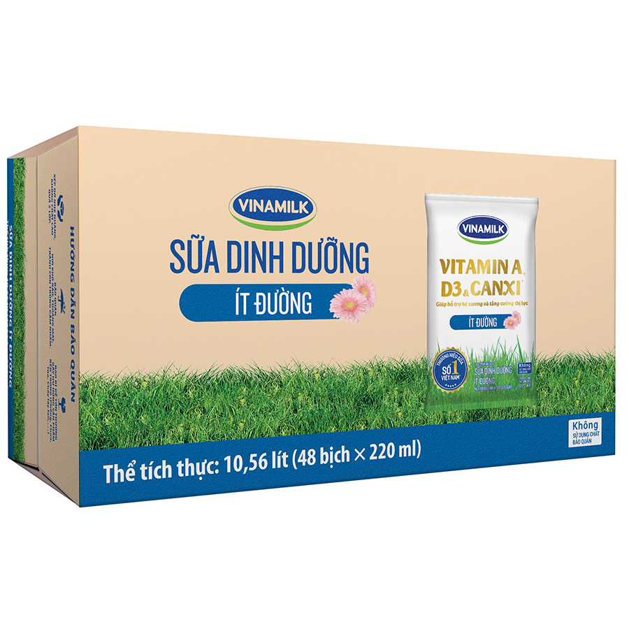 Thùng 48 Bịch Sữa Dinh Dưỡng Vinamilk Ít Đường (220ml / Bịch)