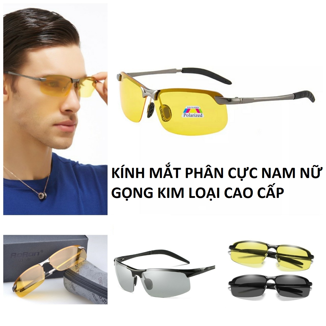 Kính mắt phân cực đổi màu đi xe ngày và đêm gọng kim loại chống lóa cao câp mẫu mới M5 hàng víp