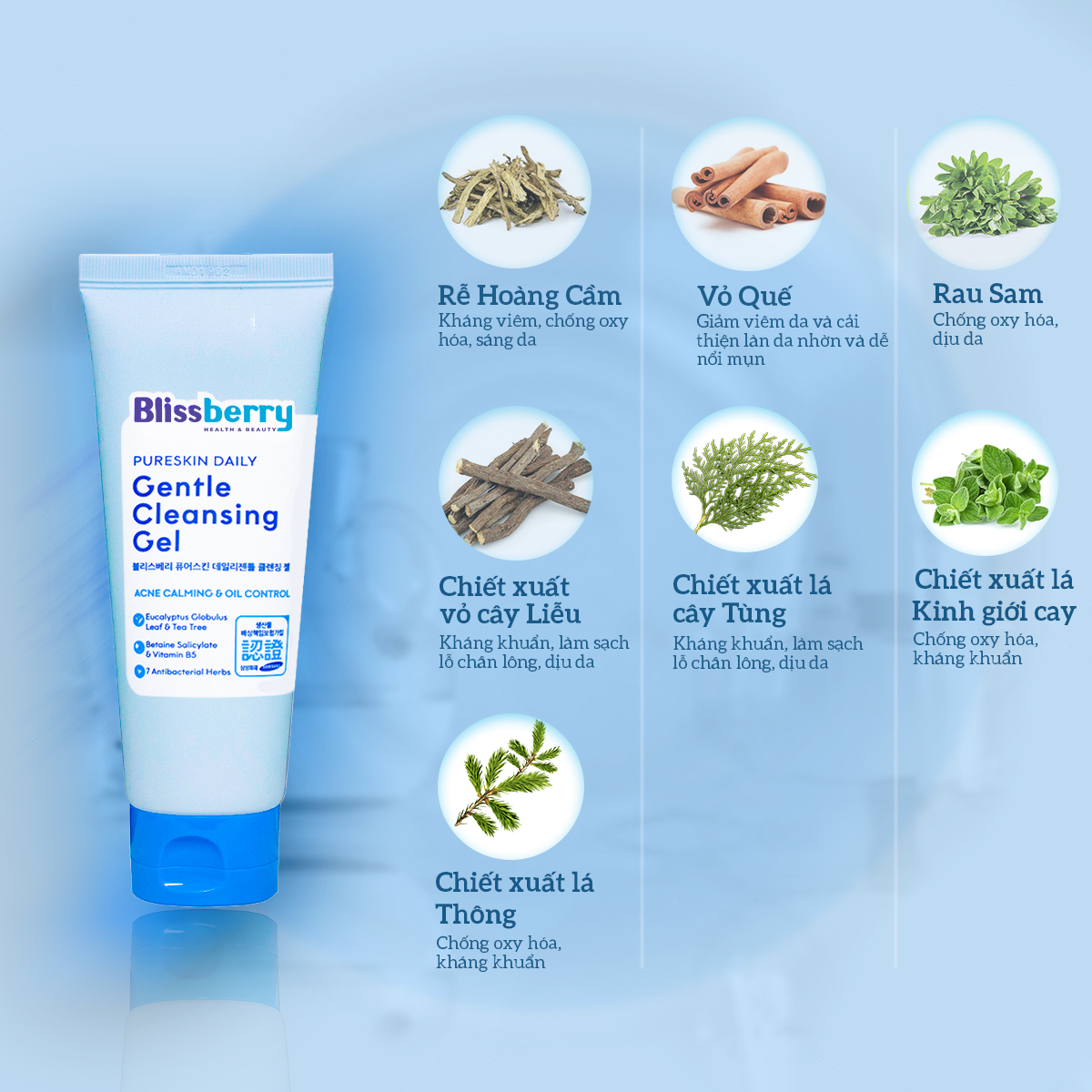 Combo trọn bộ chăm sóc da mụn Blissberry: Sữa rửa mặt 100ml, gel bôi mụn mini 5ml, kem chống nắng 60ml và serum 15ml