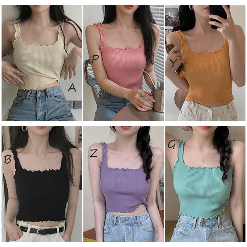 Áo Hai Dây Dệt Kim Màu Trơn Phong Cách Hàn Quốc