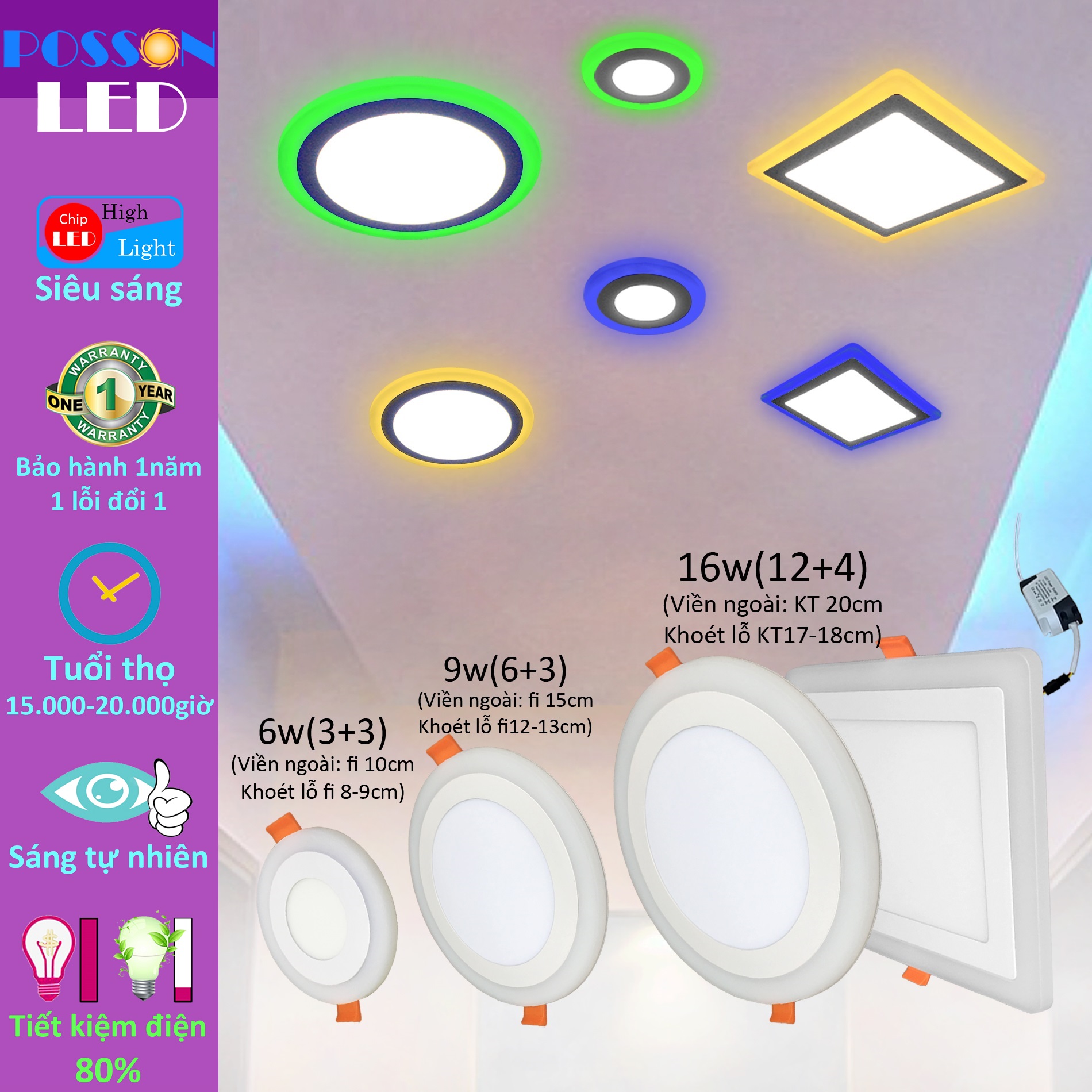 10 Đèn Led âm trần 6w siêu mỏng tròn mắt trâu 2 màu 3 chế độ sáng Posson LP-Ri3+3x
