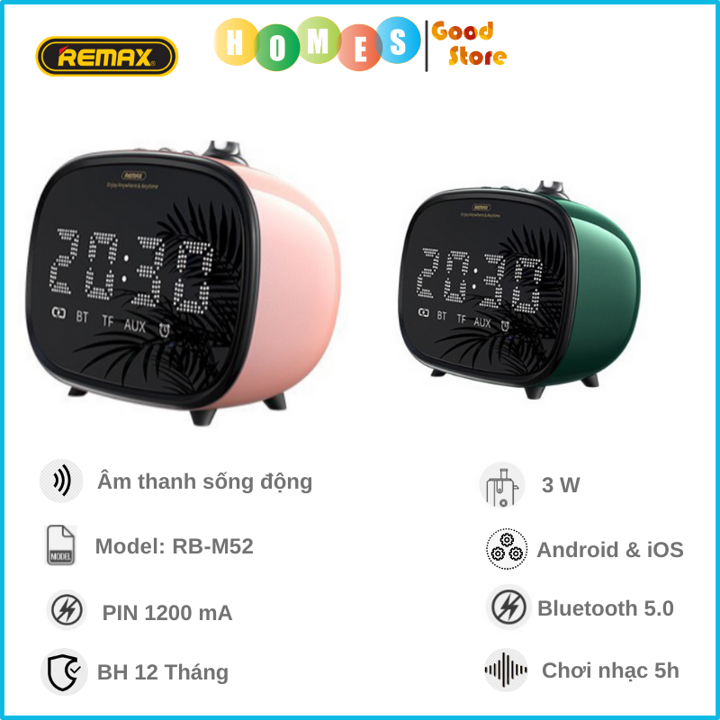 Loa Bluetooth Kiêm Đồng Hồ Báo Thức REMAX RB-M52- Hàng Chính Hãng