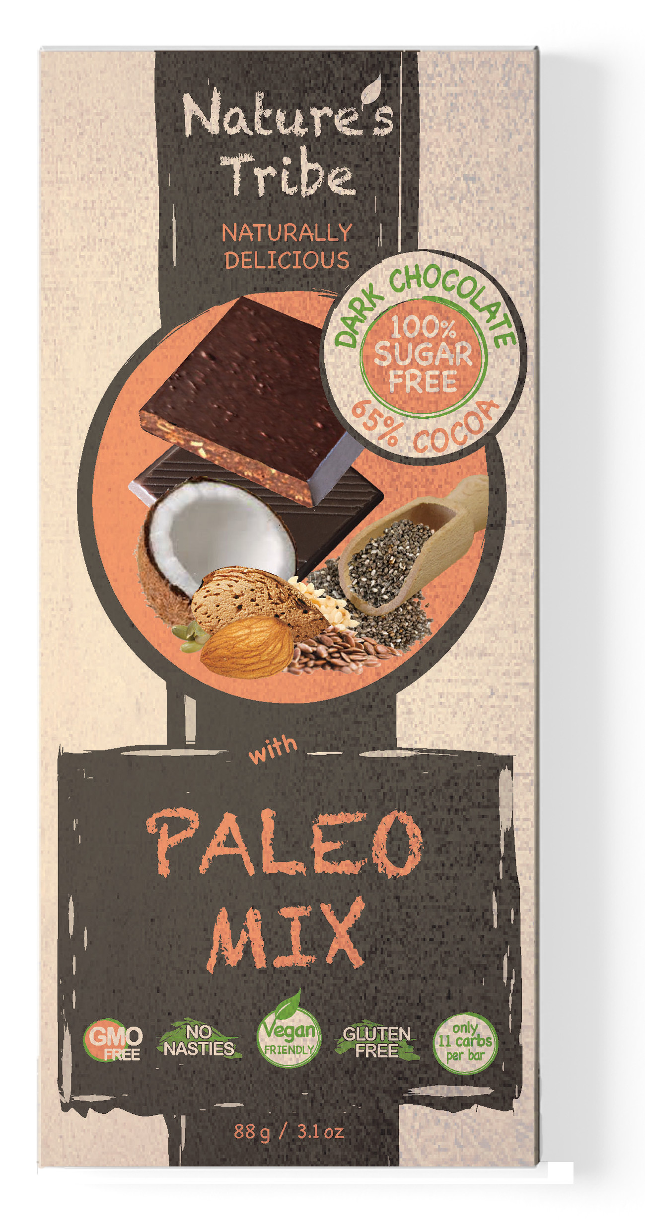 Socola Đen Paleo Mix Không Đường Gluten Free Nature's Tribe - Dark Chocolate With Paleo Mix Thanh 88g