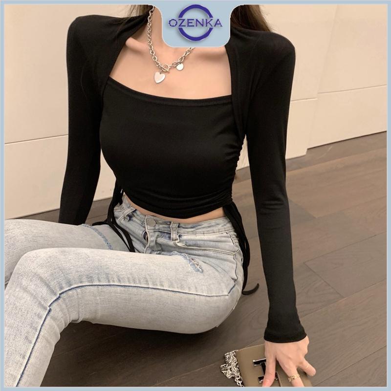 Áo croptop tay dài rút dây eo cổ thuyền nữ Ozenka , áo crt ôm body kiểu thun gân cotton màu đen trắng mặc đi chơi đi học