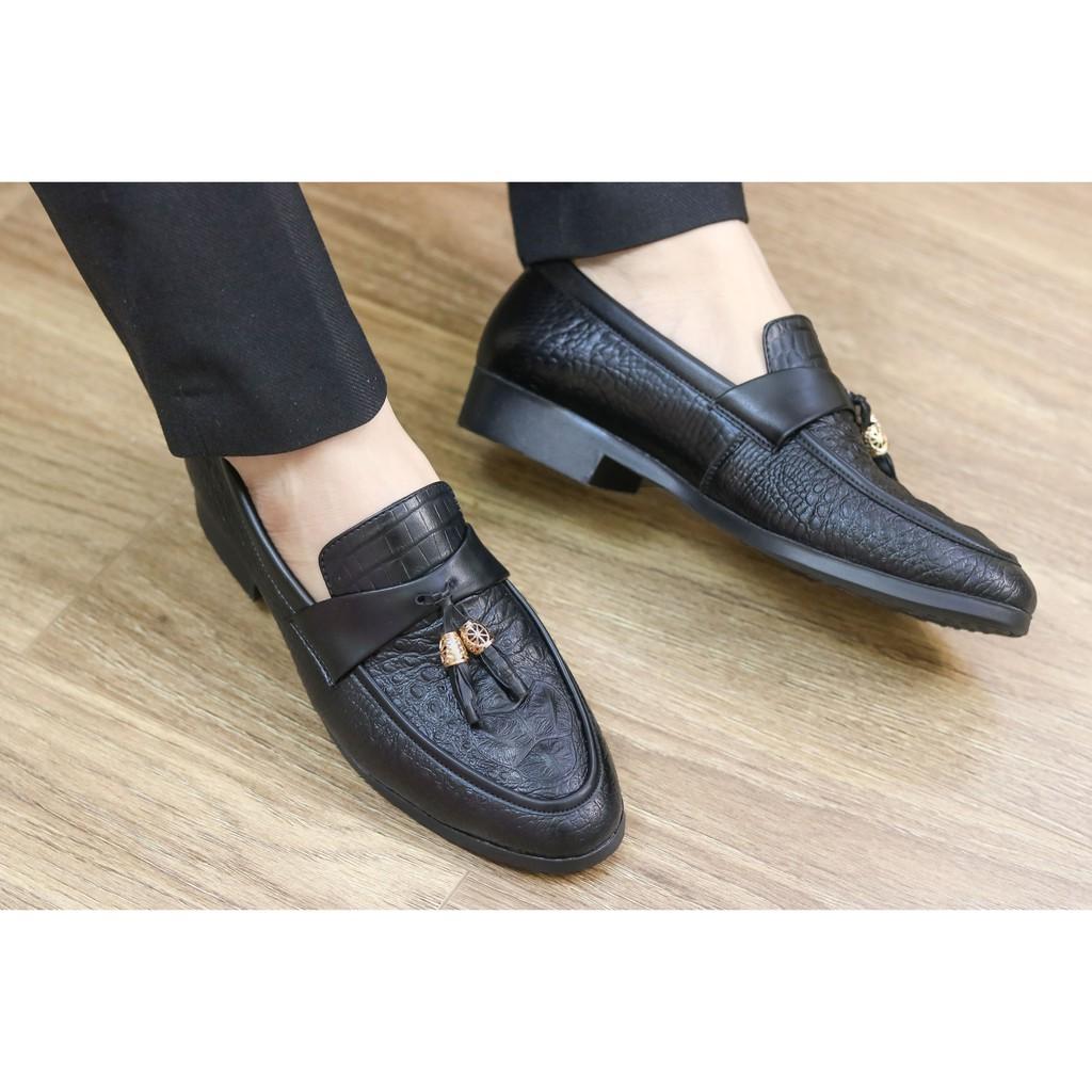 GIÀY LƯỜI DA NAM GIÁ RẺ - DẬP VÂN CÁ SẤU, CÓ CHUÔNG VÀNG - ĐẾ CAO 3CM - MÃ L184