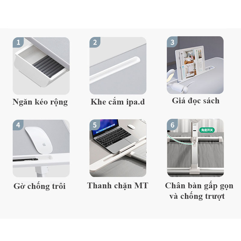 Bàn làm việc gấp gọn có ổ cắm USB thông minh - Bàn làm việc , Bàn học ngồi giường có giá sách, khe để máy tính bảng nâng hạ chiều cao, điều chỉnh độ nghiêng bàn