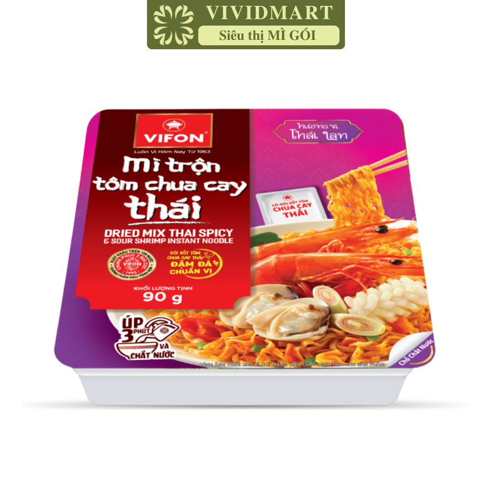 VIFON - Mì khay trộn Vifon hương vị Tôm chua cay Thái, Vifon Mì trộn Tôm chua cay Thái Vifon (90g/khay)