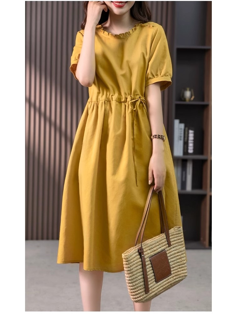 Đầm Linen suông nữ ngắn tay cổ bèo nhăn, có dây chỉnh eo phong cách trẻ trung Haint Boutique