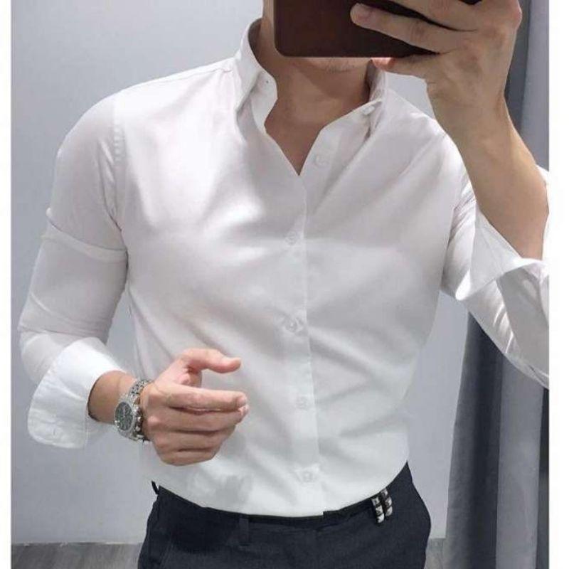 Áo sơ mi nam trơn dài tay, áo sơ mi trắng gấp hộp công sở chất liệu cotton mịn cao cấp