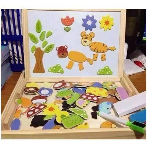Bộ tranh ghép hình bằng gỗ nam châm 2 mặt bảng đen viết phấn vẽ tranh hấp dẫn cho các bé