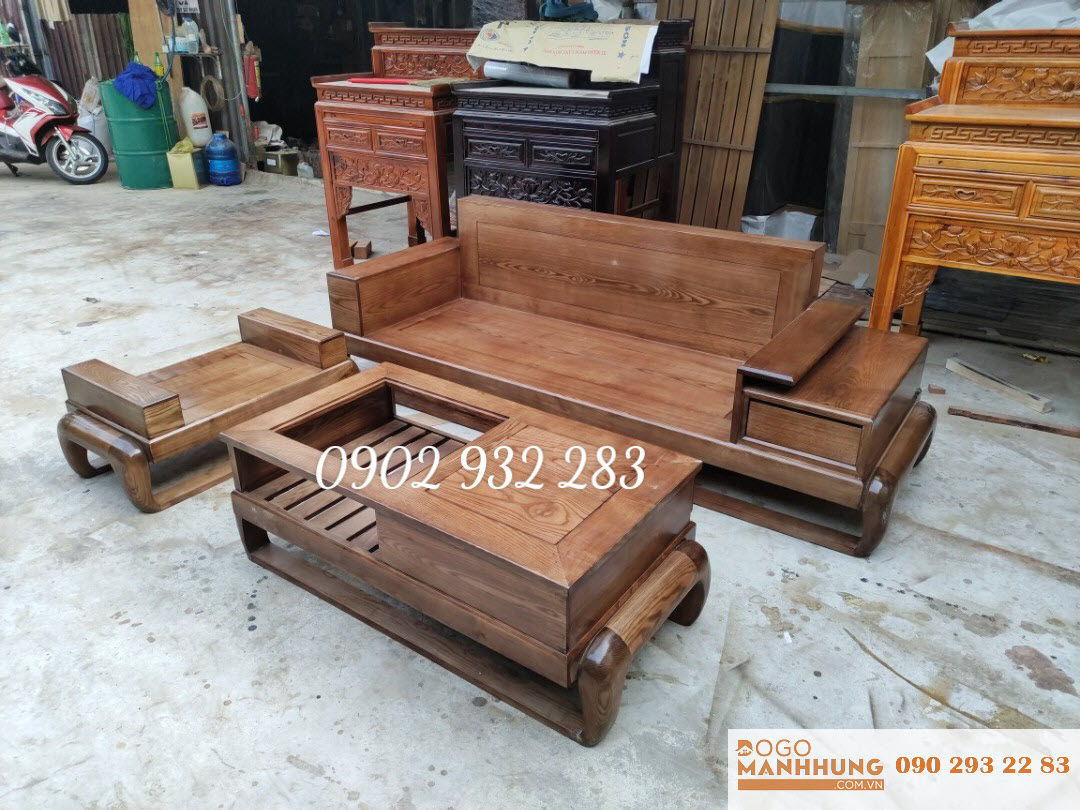 Bộ bàn ghế phòng khách sofa 3 món gỗ sồi chân đùi gà