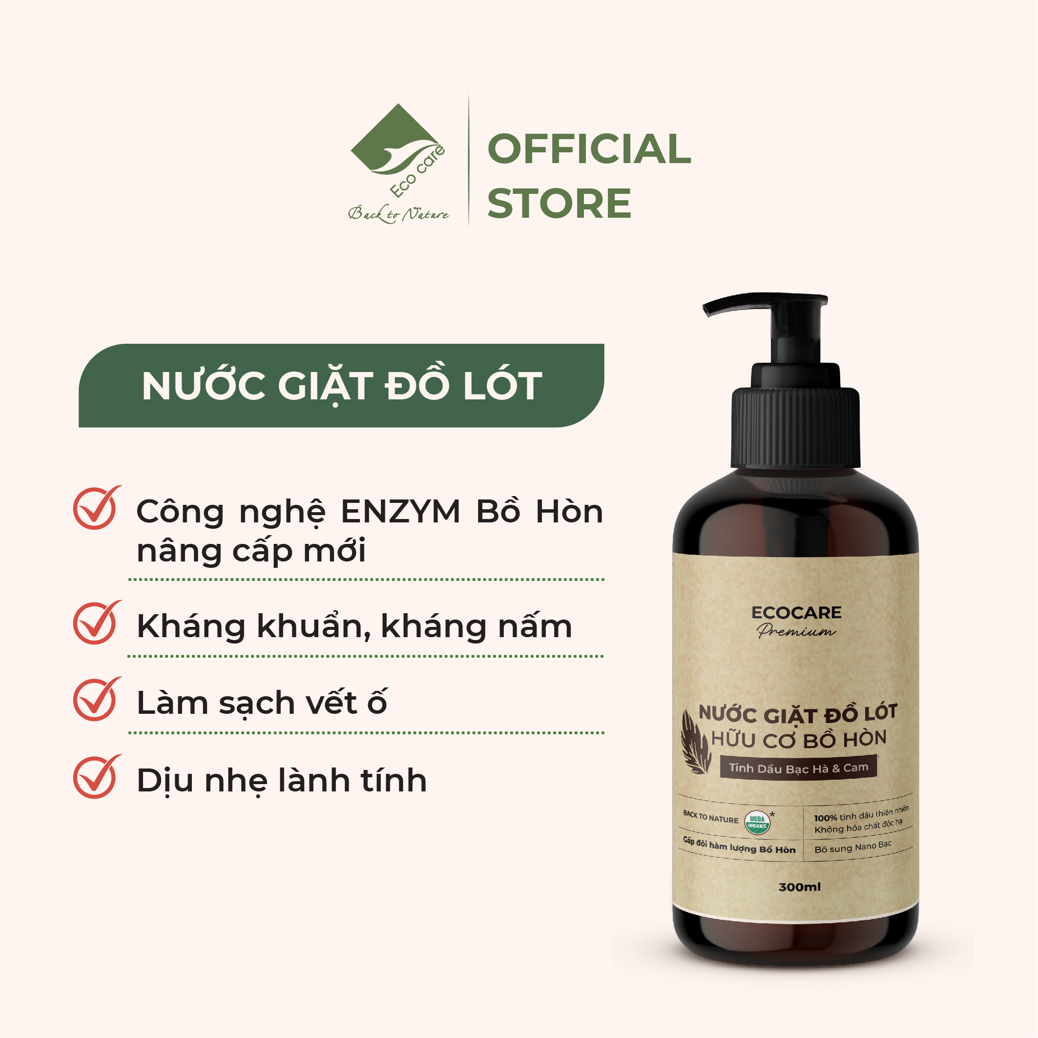 Nước Giặt Đồ Lót Hữu Cơ ECOCARE 300ml Giảm 99% Vi Khuẩn, Tẩy Ố Hiệu Quả, Hương Cam Bạc Hà Thơm Mát