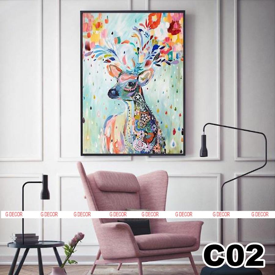 Tranh treo tường canvas 1 bức phong cách hiện đại Bắc Âu 06, tranh hươu tài lộc trang trí phòng khách, phòng ngủ, spa