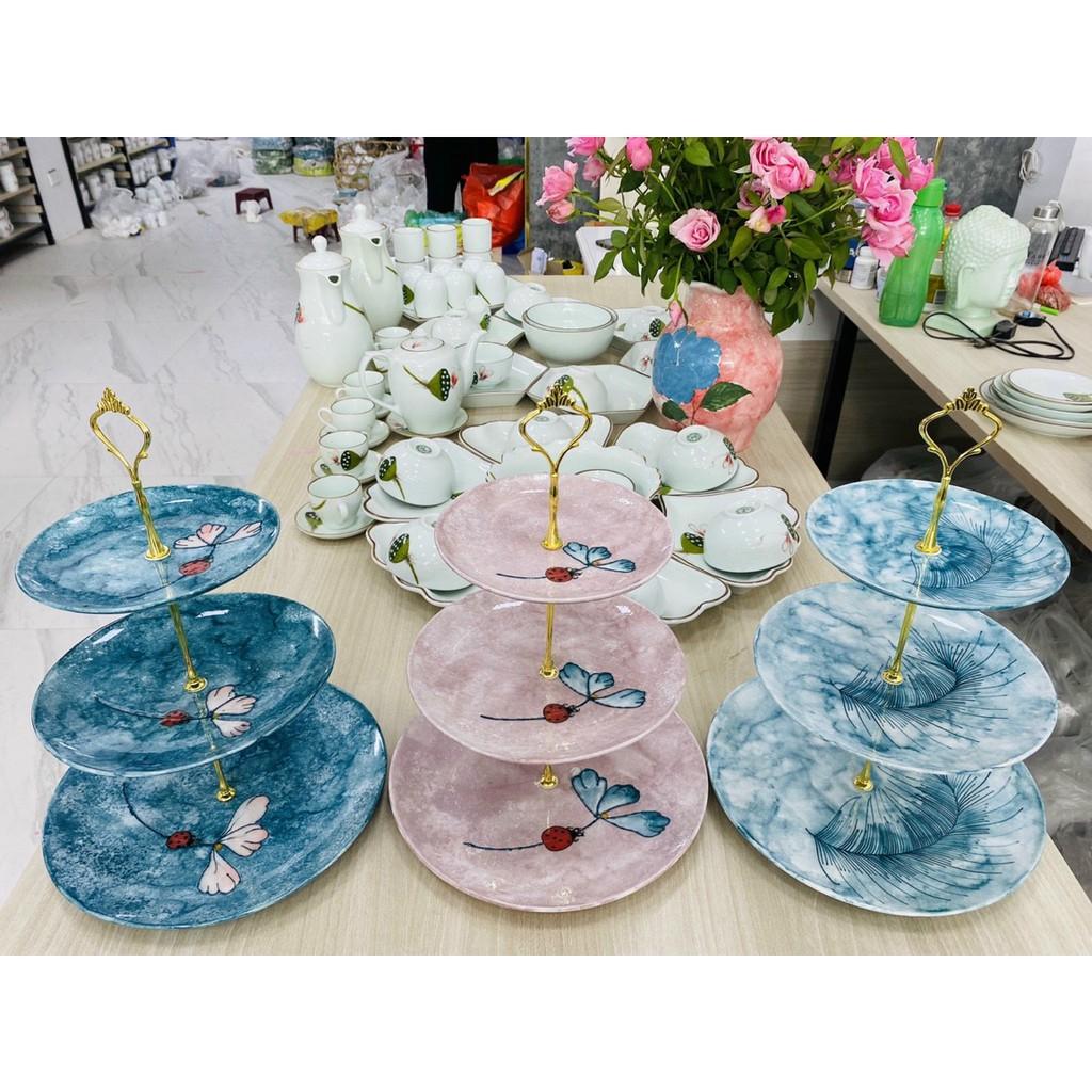 Đĩa gốm sứ 3 tầng men đá họa tiết
