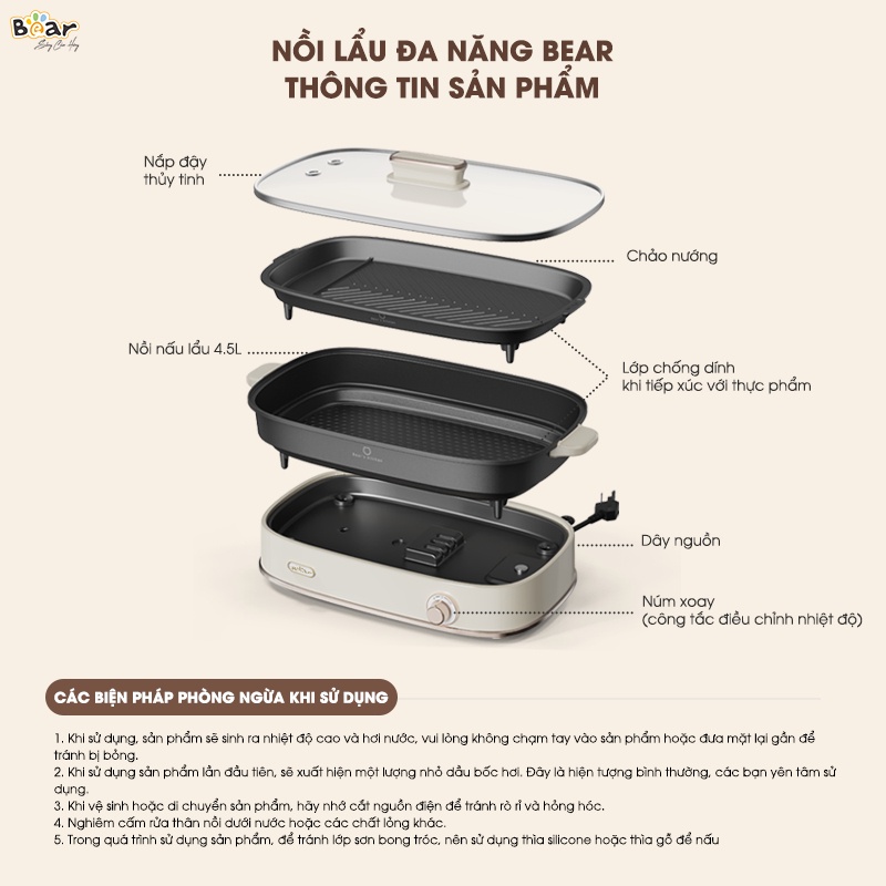 Nồi Lẩu Nướng Điện Đa Năng BEAR SB-NL45K Gồm 6 Chức Năng Dung Tích 4.5 Lít Công Suất 1600 W - Hàng Chính Hãng