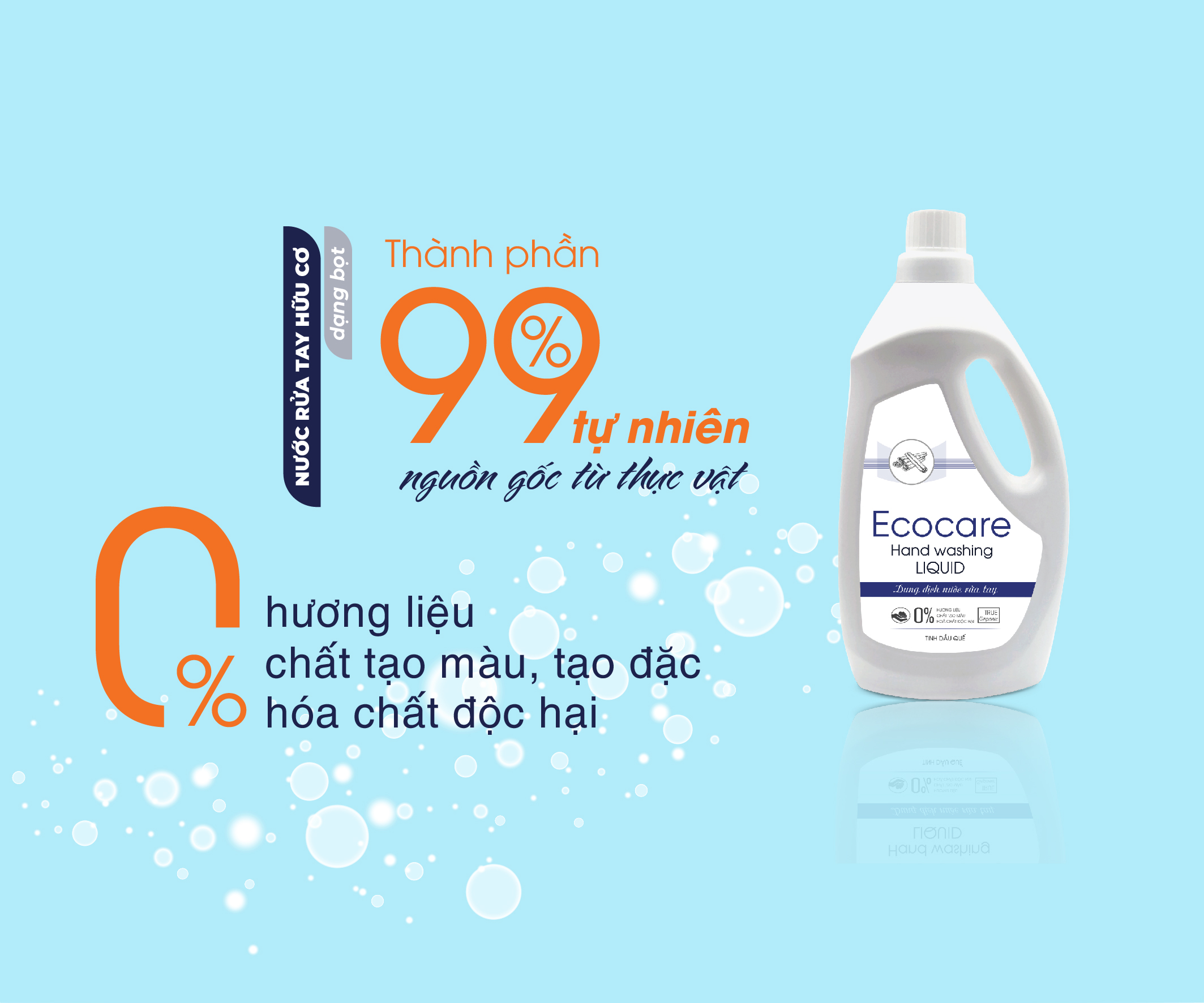 Nước rửa tay Hữu cơ diệt khuẩn dạng bọt Tinh dầu Thiên nhiên Cam/Quế/Nhài 1000ml thương hiệu ECOCARE ( tặng kèm vỏ tạo bọt)