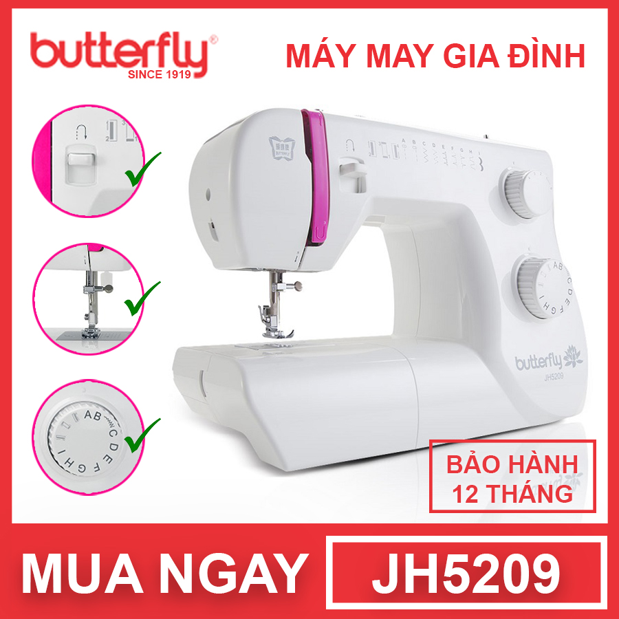 Máy May Gia Đình Cơ Bản Butterfly JH5209 - Hãng Chính Hãng - Trắng