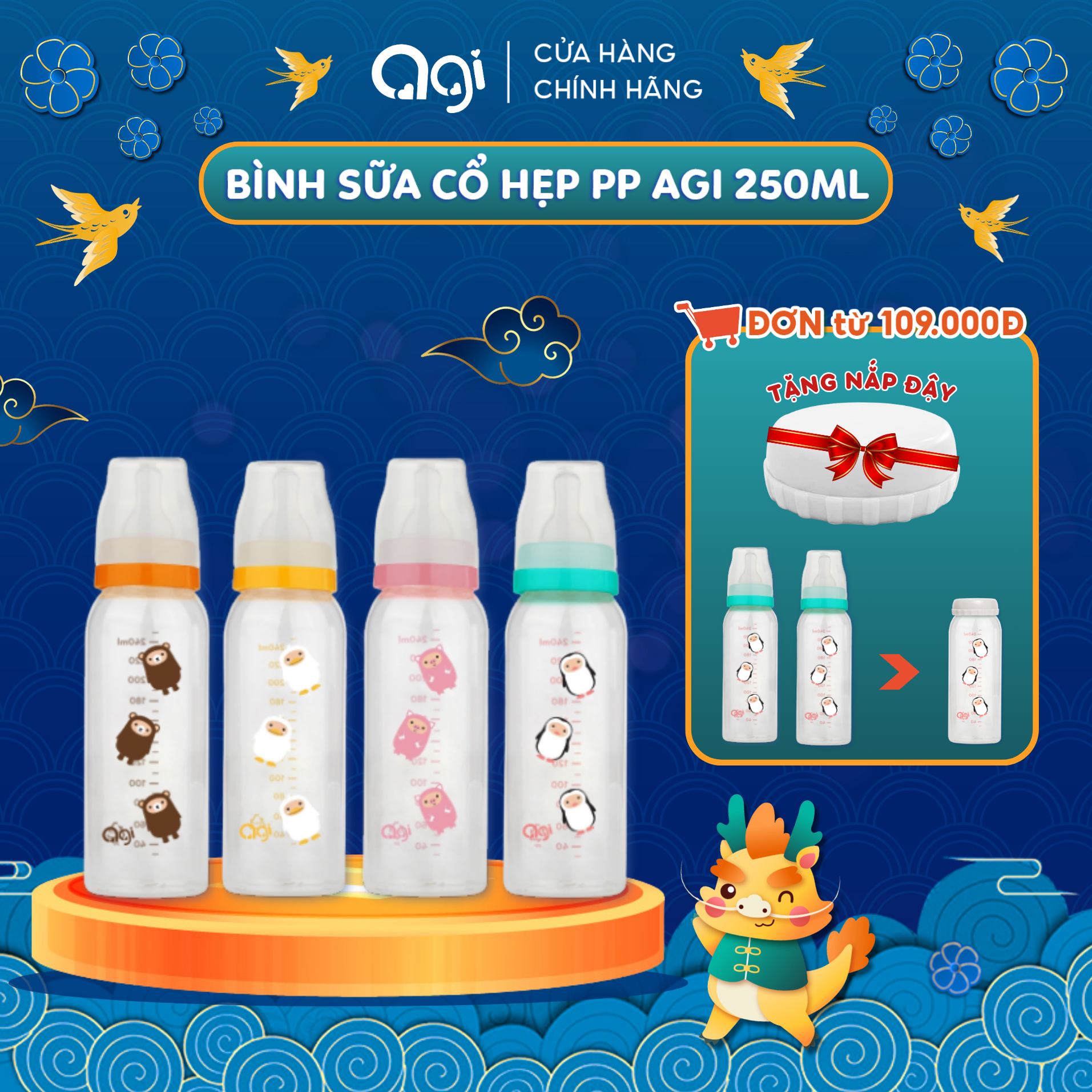 Bình sữa cổ hẹp PP Agi 250ml