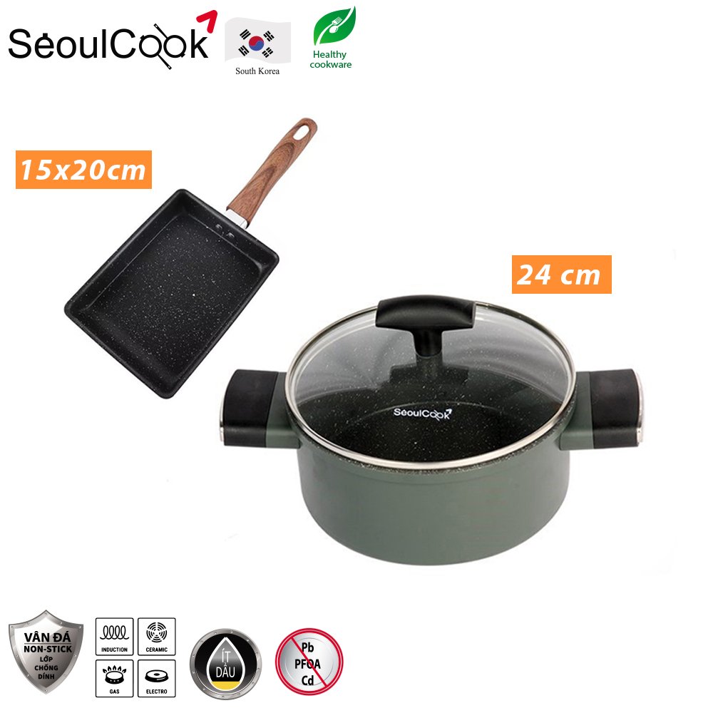 Bộ nồi chảo SH4 2 món đáy từ/ Induction, nồi 24cm + chảo vuông 15x20cm đáy từ/ Induction Seoulcook Hàn Quốc, dùng được tất cả các loại bếp – Hàng chính hãng