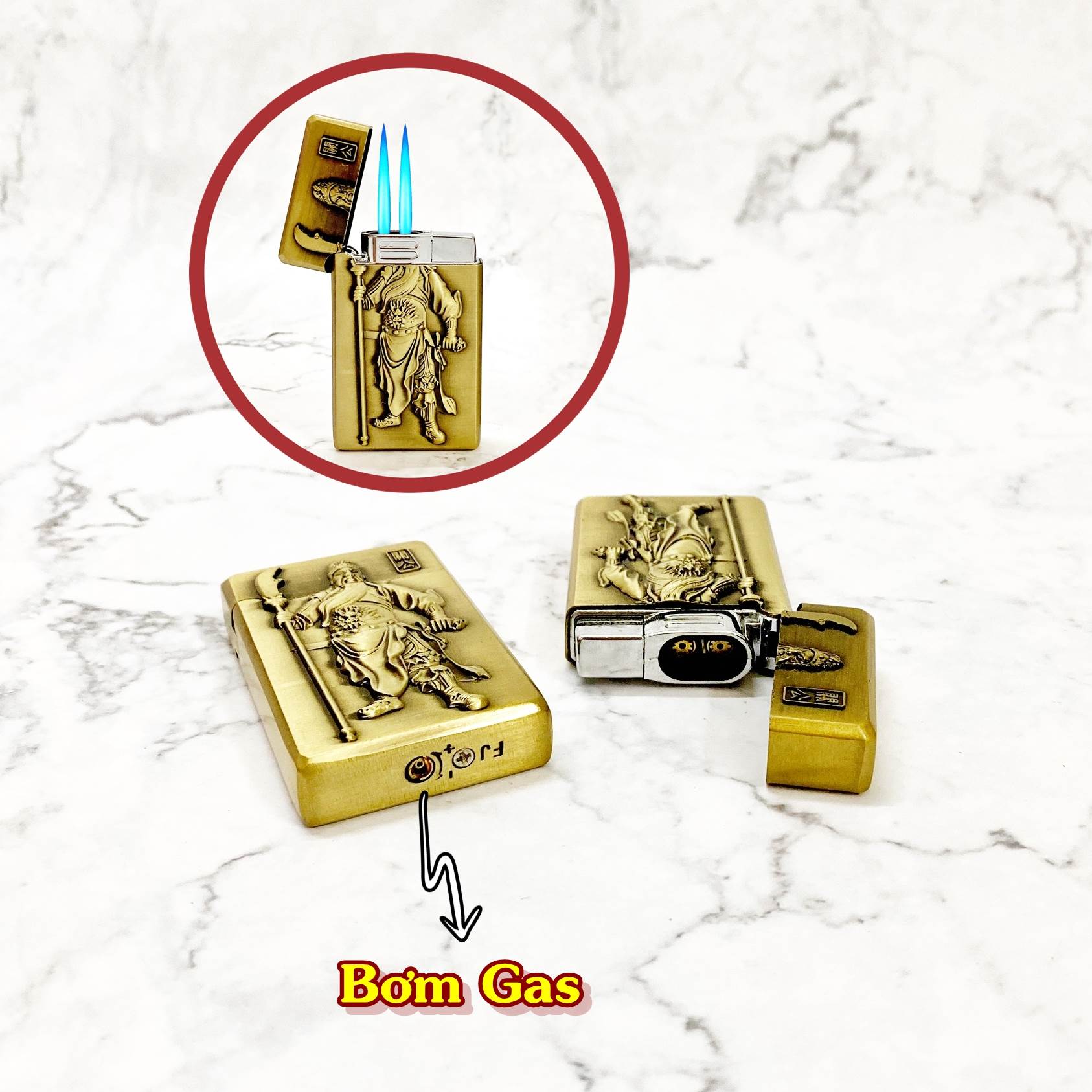 Bật lửa hột quẹt khè 2 tia hình quan công uy nghiêm - xài gas