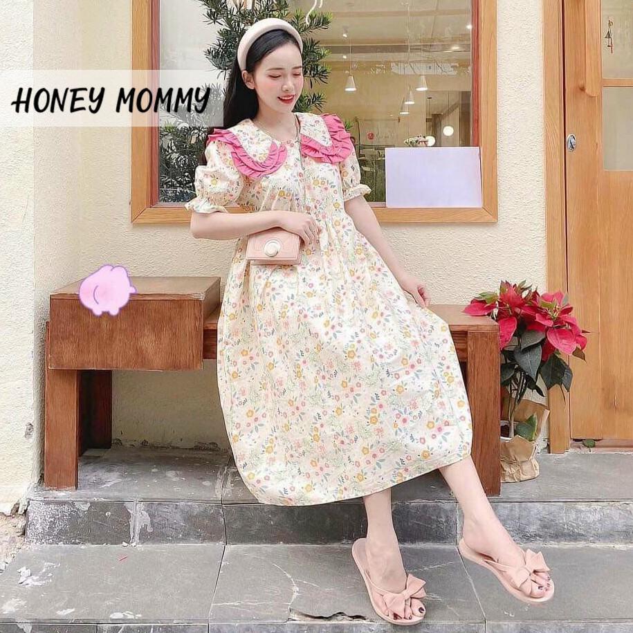 Váy Bầu Babydoll Hoa Nhí Cổ Bèo HD2829 Honey Mommy Đầm Bầu Hoa Ngắn Tay Mùa Hè Đi Chơi Công Sở Cổ Tròn