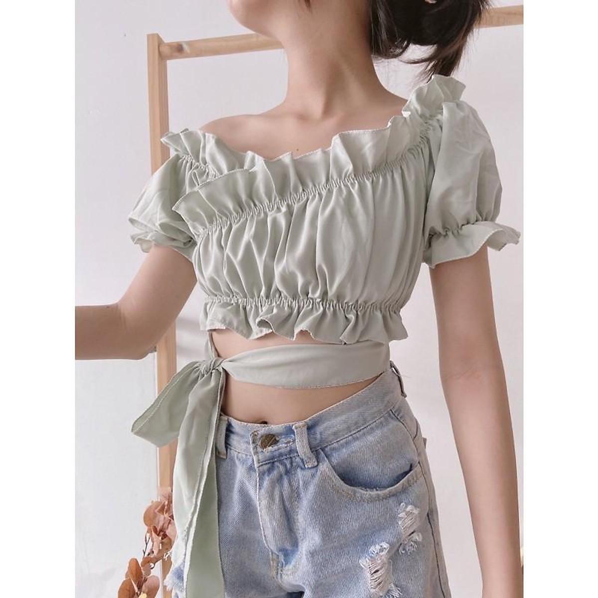 Áo voan tay ngắn đắp chéo buộc eo