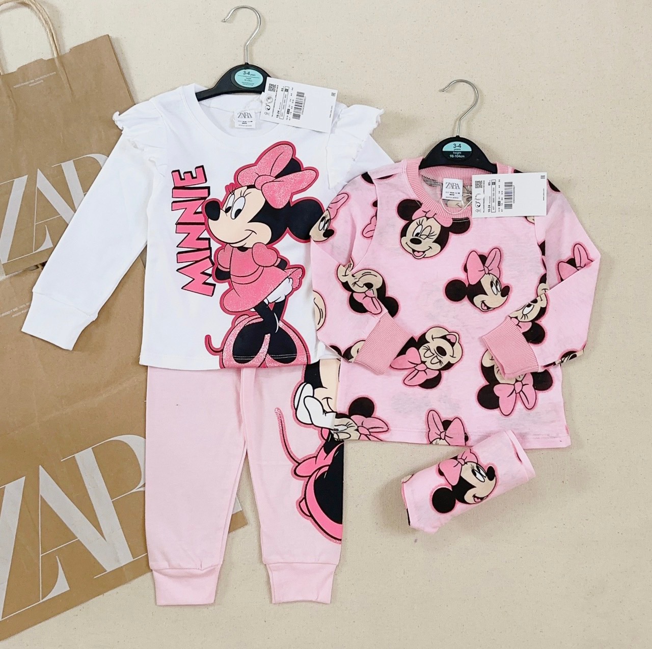 Set 2 bộ cotton dài tay bé gái Minnie trắng hồng 9-20kg