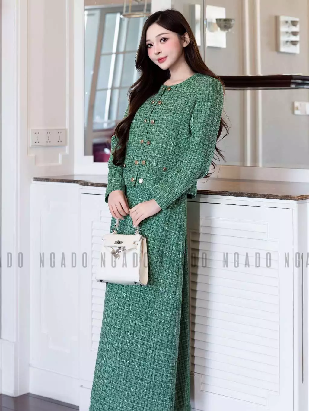 Set áo váy tweed xanh lá NGADO , set áo kèm chân váy dáng dài