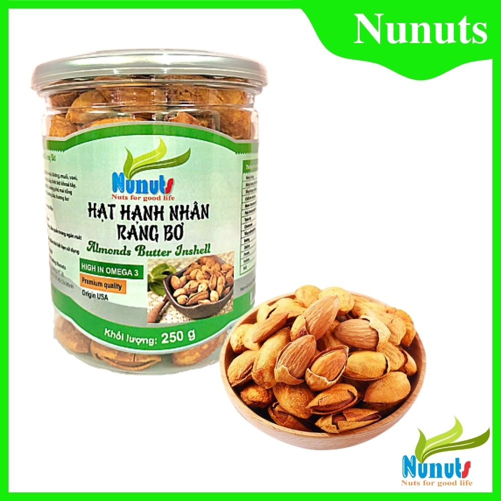 Hạt hạnh nhân rang bơ Mỹ còn vỏ mỏng Nunuts, vị béo béo giòn giòn,thơm ngon khó quên, món ăn vặt yêu thích của mọi người.