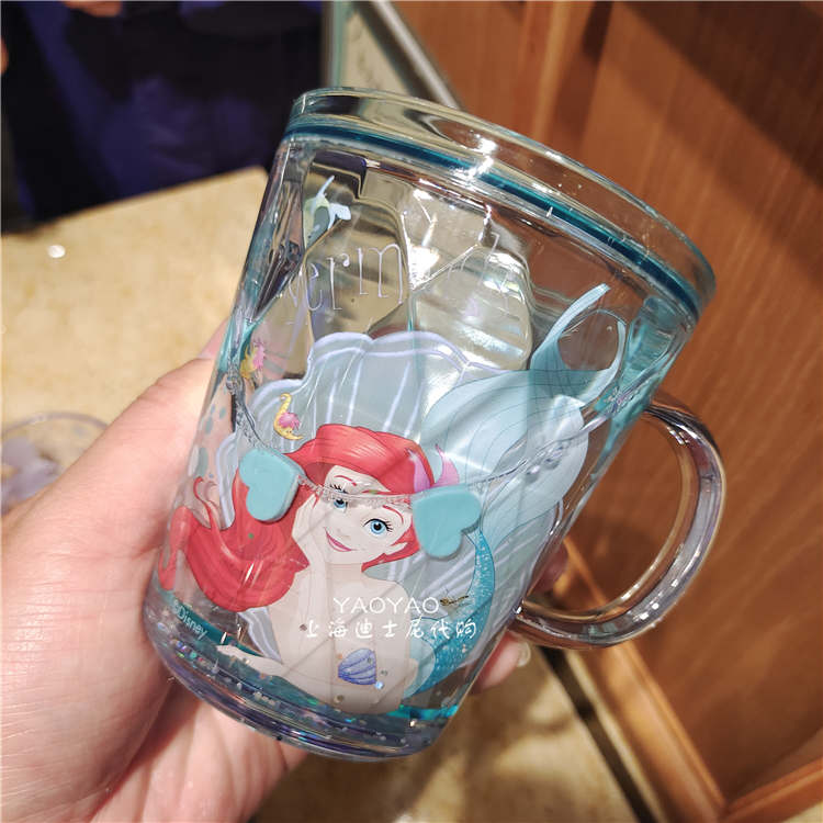 Ly quai cầm tay 2 lớp nhũ nước kim tuyến trong suốt hình nàng tiên cá Ariel Princess màu xanh lá siêu cute cho bé gái 260ml - 118VNDP2503