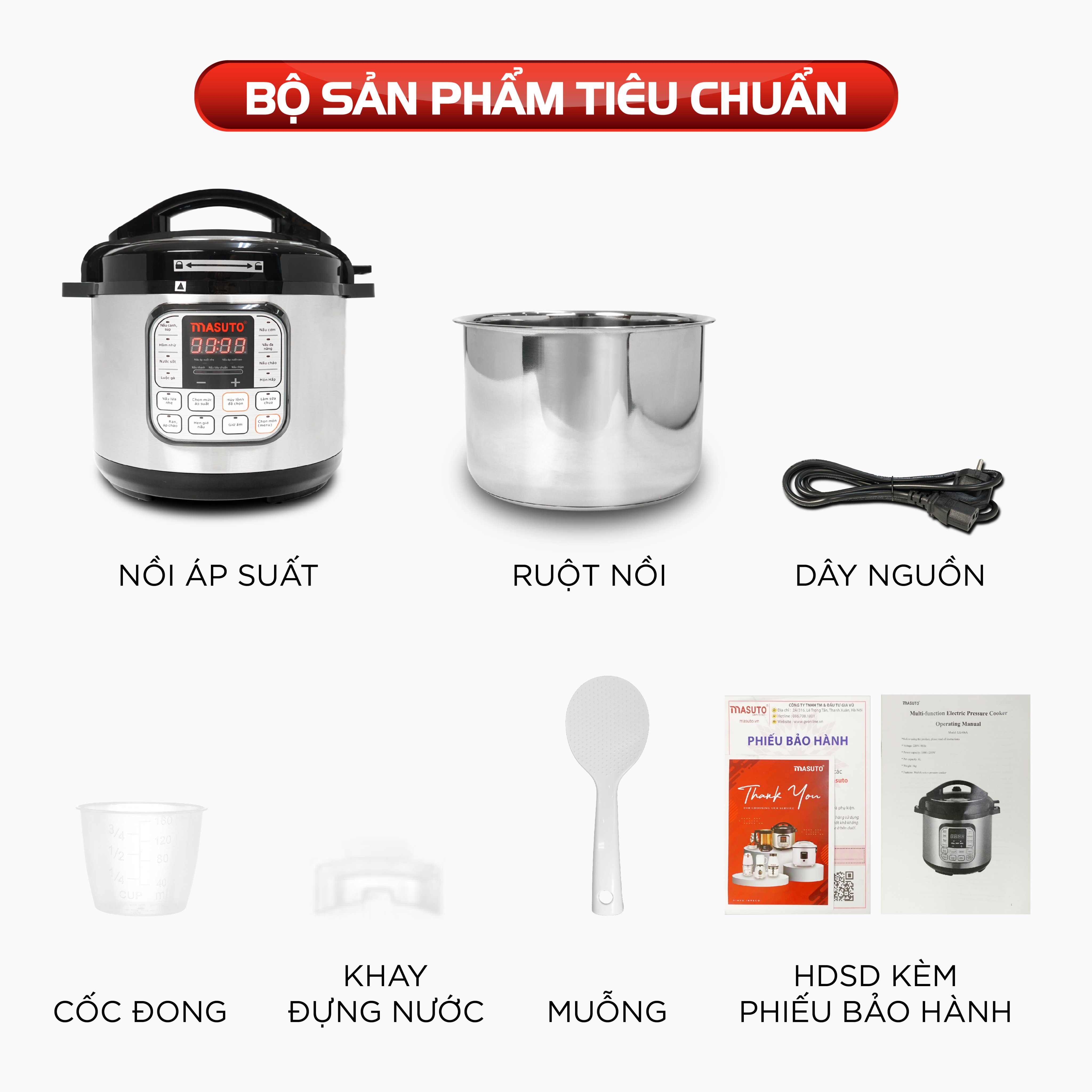 Nồi áp suất điện tử đa năng Masuto 6 lít CN Nhật nấu cơm cháo hầm siêu nhừ ruột Inox 304 siêu bền-Hàng chính hãng