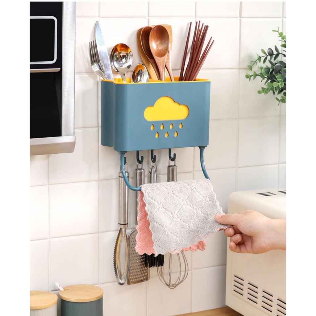 Ống đựng muỗng đũa thìa gia đình thiết kế treo tường tiết kiệm diện tích, thiết kế 2 lớp dày đẹp chắc chắn có kèm các móc treo và thanh phơi khăn tiện lợi thông minh