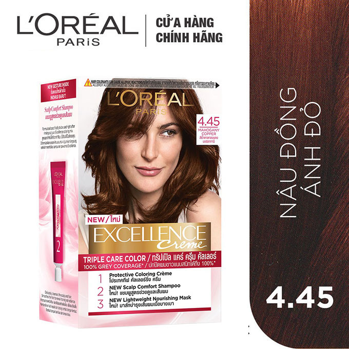 Kem Nhuộm Dưỡng Tóc Phủ Bạc Loreal Paris Excellence Crème 172Ml - 4.45 Nâu Đồng Ánh Đỏ