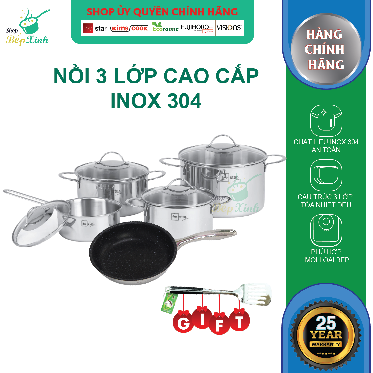 Bộ nồi và chảo chống dính vân đá 3 lớp đáy liền inox 304 cao cấp Fivestar Plus 5 món quai oval nắp kính , tặng 1 sạn inox