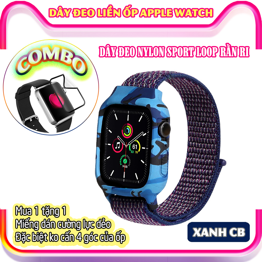 Dây Đeo liền ốp dành cho Apple Watch 7654321 size 384041424445mm Sport Loop Nylon rằn ri - nhiều màu tặng cường lực dẻo theo size - Xanh Coban - 45mm