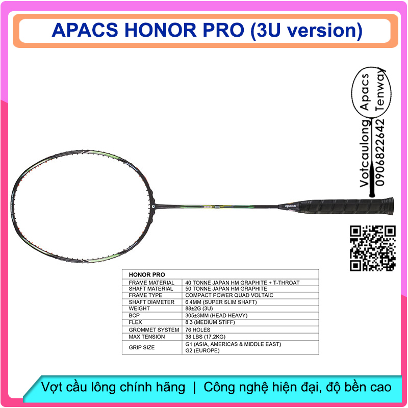 Vợt cầu lông Apacs Honor Pro - 3U | Vợt 3U thân đũa công nghệ mới, nặng đầu chuyên công, khung đan 17kg